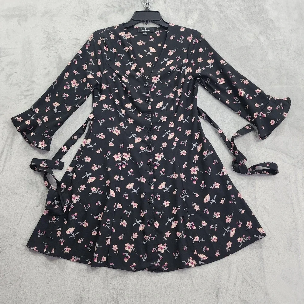 Lulus Dress Womens S Black Floral Button Front Belted Fit & Flare Mini Ruffled